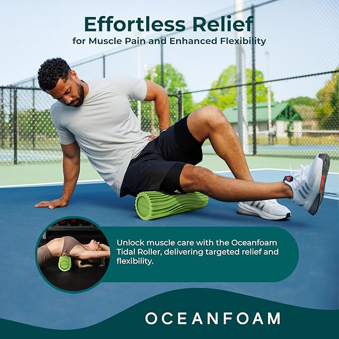 Oceanfoam Tidal Roller - Algae Green - Muscle Massage Foam Roller for Back Pain & Stretching - Firm and Ergonomic Wide Wave Textured - Yoga, Athletics, & Wellness - Full Size, 20" x 5"-Ruum Studio Home