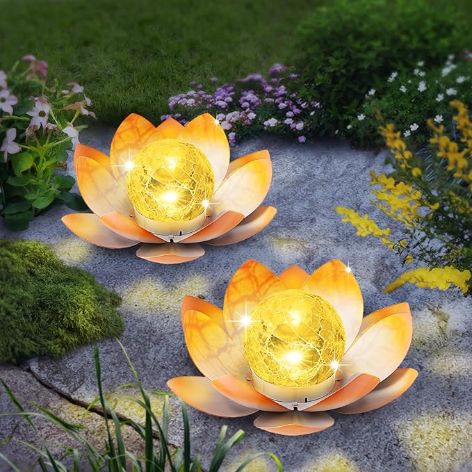 Garden Solar Light Outdoor(2Pack),Crackle Globe Glass Lotus Decoration, Waterproof Metal LED Flower Lights for Patio,Lawn,Walkway,Tabletop,Ground-Ruum Studio Home