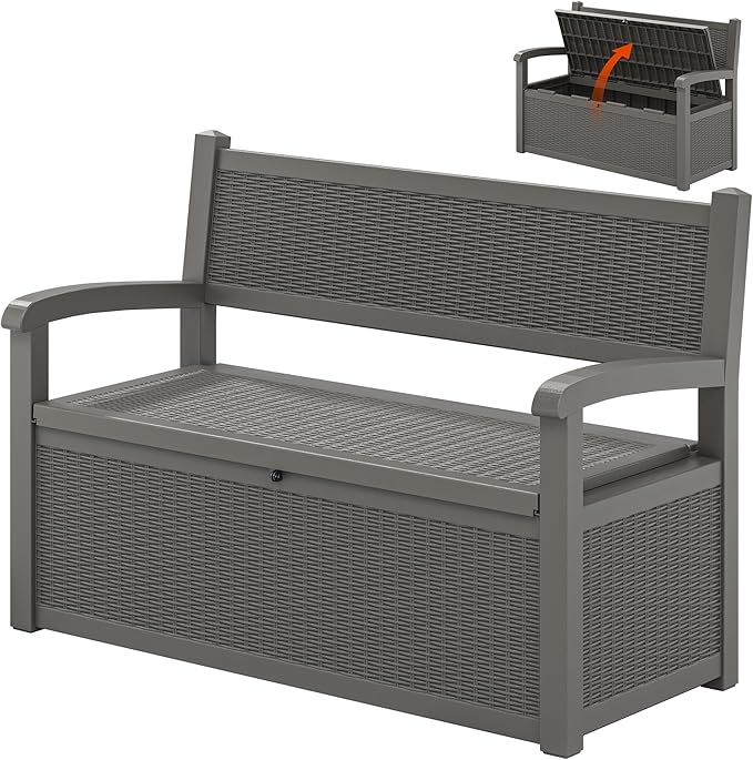 70 Gallon Outdoor Storage Bench Deck Box Lockable for Patio Furniture, Outdoor Porch Bench with Storage Waterproof for Cushions, Garden Tools and Pool Supplies, Grey-Ruum Studio Home