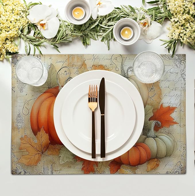 Fall Pumpkin Placemats Set of 4 Vintage Autumn Maple Leaf Seasonal Place Mats 12x18 Inch Thanksgiving Farmhouse Linen Fabric Table Mats for Party Kitchen Dining Outdoor Indoor Decor-Ruum Studio Home