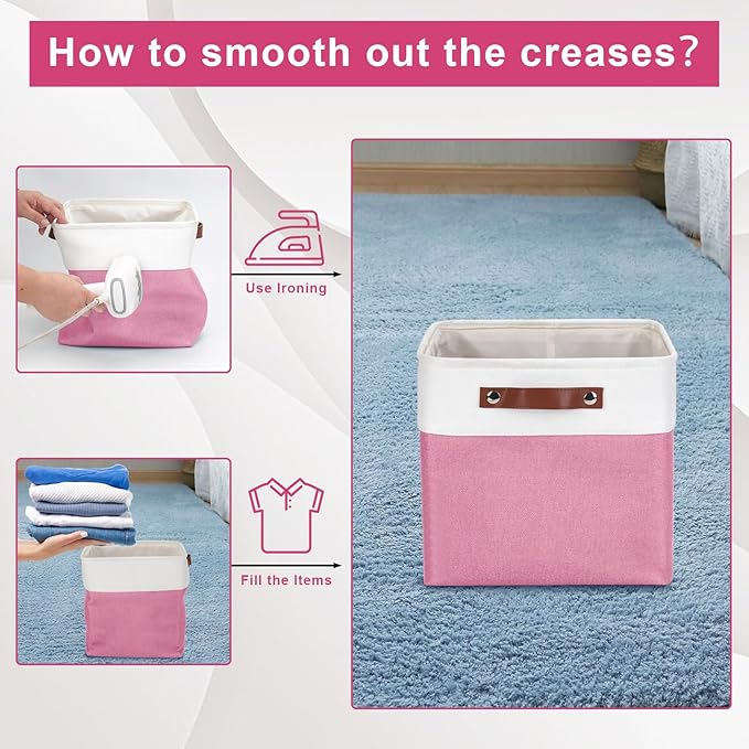 Collapsible Fabric Storage Cubes 11x11 Cube Storage Bins, 4 Pack Closet Baskets Box with Handles for Organizing, Shelf, Toys, Clothes, Home, Office, Nursery (Pink&White)-Ruum Studio Home