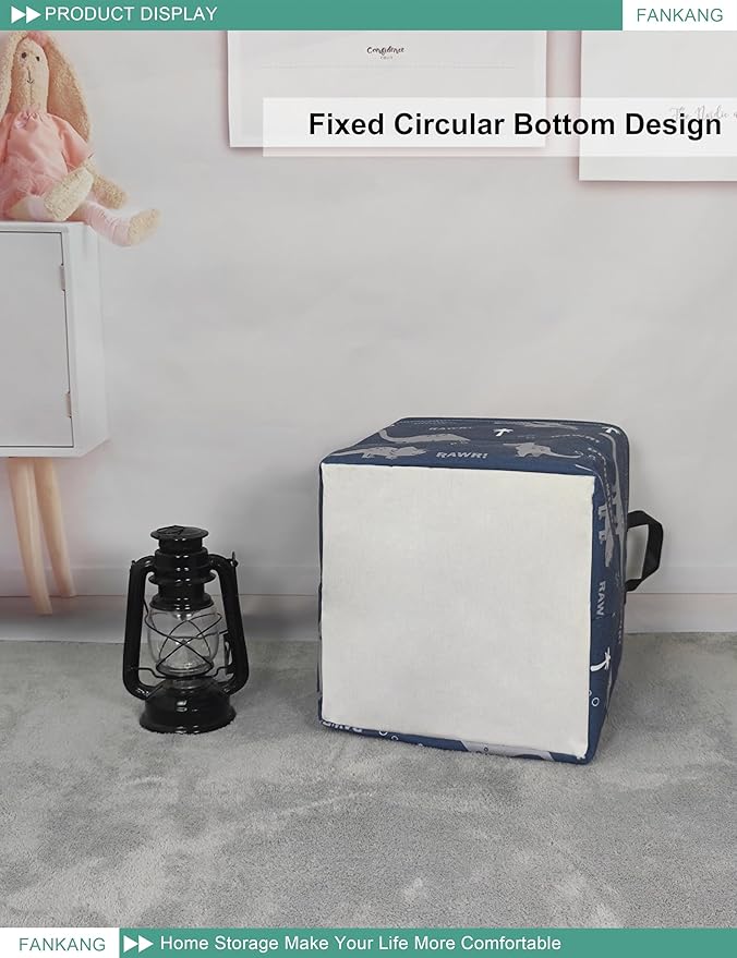 FANKANG Square Nursery Hamper Storage Bins Canvas Laundry Basket Foldable with Waterproof PE Coating Storage Baskets Gift Baskets for Children, Office, Bedroom, Clothes（Square-Blue dinosaur ）-Ruum Studio Home