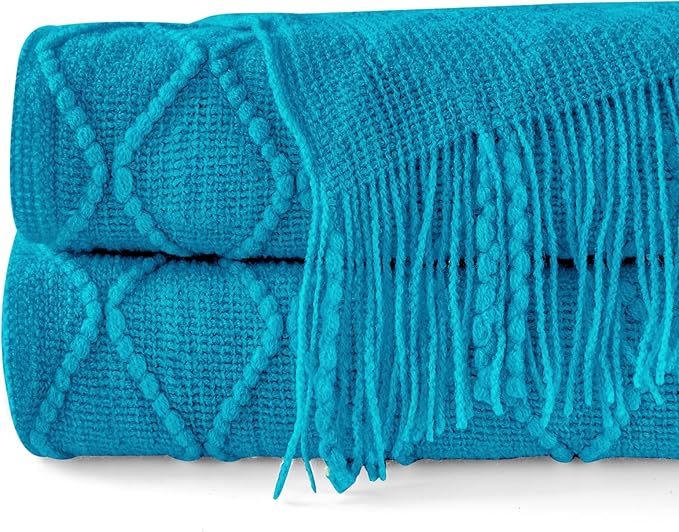 inhand Teal Throw Blanket for Couch and Bed, Soft Living Room Home Decor Knitted Blanket with Tassel, Outdoor Lightweight Breathable Summer Blanket, Farmhouse Warm Woven Decorative, 50"x60"-Ruum Studio Home