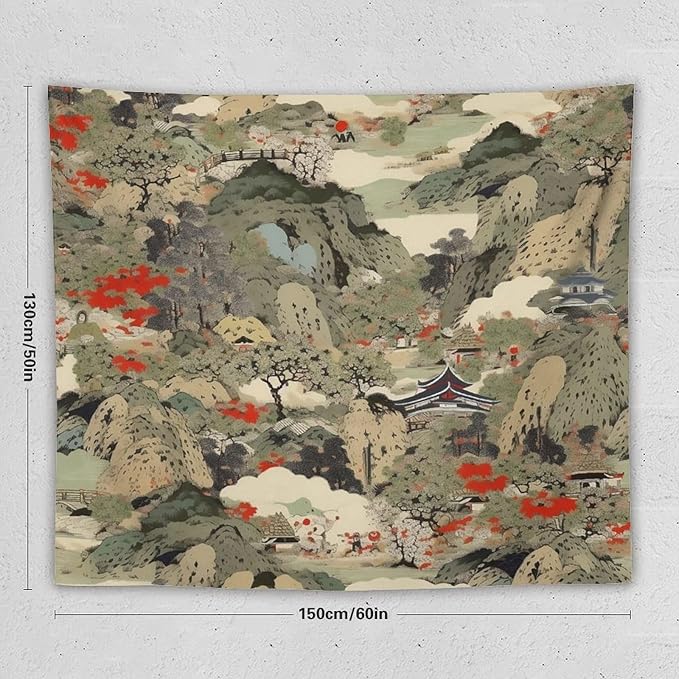 Asian Tapestry,Japanese Red Landscape Asian Watercolor Abstract Art Tapestry, Asian Japanese Wall Tapestry, Nature Landscape Tapestries for Bedroom Living Room Decor 60"x50"-Ruum Studio Home