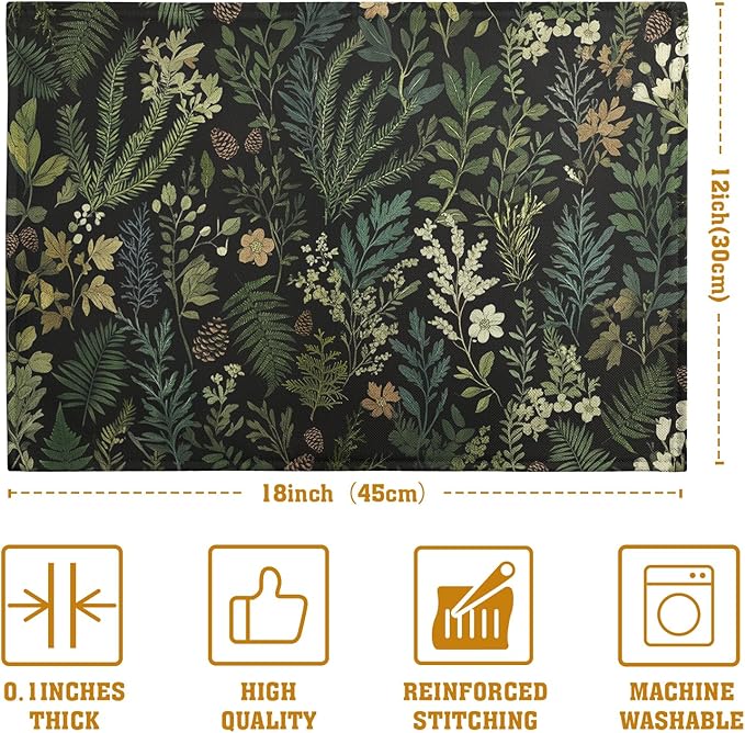 Black Sage Green Plant Placemats Set of 4 Vintage Botanic Fern Leaves Herb Floral Place Mats Rustic Farmhouse Linen Fabric Table Mats for Party Kitchen Dining Outdoor Indoor Decor-Ruum Studio Home