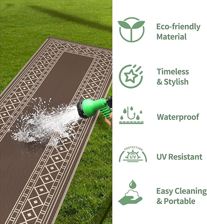 GENIMO Outdoor Rug Waterproof for Patio Decor, 2.5'x8' Foldable Reversible Plastic Straw Runner Rugs Carpet for Porch, Outside Area Mat for Rv, Deck, Picnic, Camper, Balcony, Coffee & Beige-Ruum Studio Home