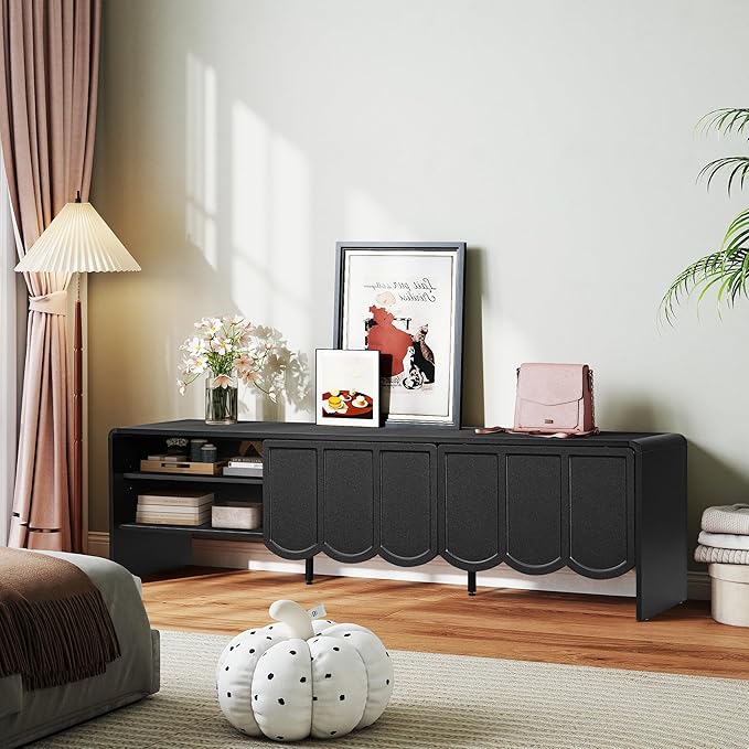 ORRD 63'' TV Stand, Modern TV Console Table Wave Panel Television Stands Entertainment Media Center with Storage Compartment and Sliding Door for Living Room (Black)-Ruum Studio Home