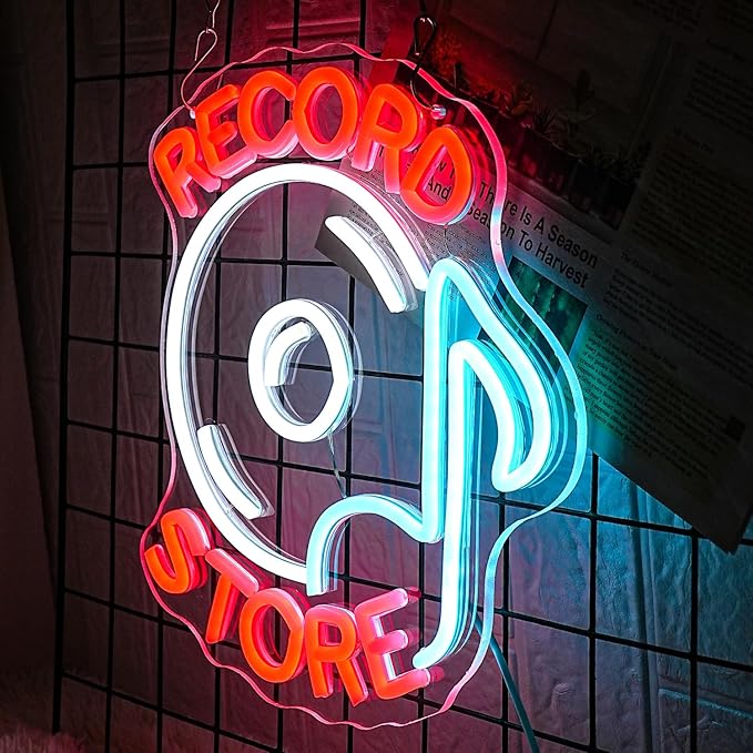 Record Store Neon Sign Music Neon Signs for Wall Decor Letter Neon Light Record Player Sign Live Music Neon Light Sign for Bar Concern Studio Decor(Red white)-Ruum Studio Home