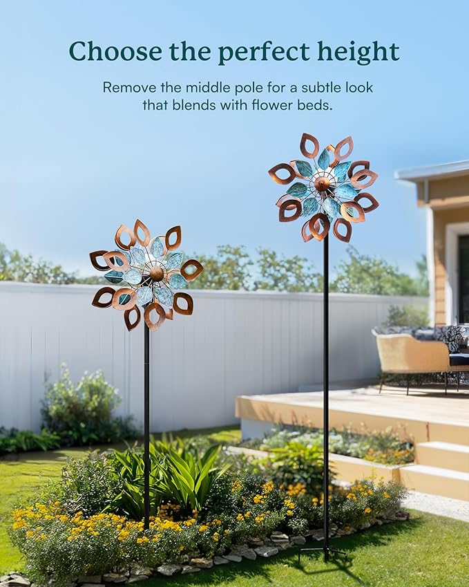 Copper Wind Spinners Outdoor 74 Inches with Solar LED Light, Kinetic Dual Wind Sculptures & Spinners for Yard Lawn Garden Decor, Large Metal Clearance Windmill with Bronze Leaf-Ruum Studio Home