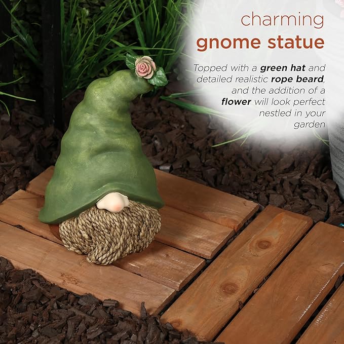 Alpine Corporation - 10" Tall Outdoor Garden Gnome Decor - Gnome Head with Rope Beard and Flower on Green Hat – Durable Lawn Scupture, Ideal for Patio, Deck, & Yard-Ruum Studio Home