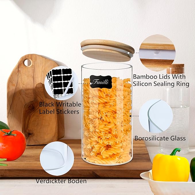 Round Glass Jars Canister with Wood Lid 40 FL OZ [Set of 3], Container Jar with Sealing, Lids for Oat Pasta Flour Cereal Rice Sugar Tea Coffee Beans, Best for Kitchen & Pantry-Ruum Studio Home