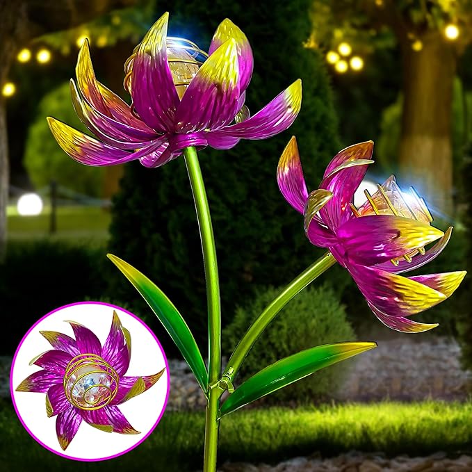 Solar Wind Spinner Outdoor, 63 Inch Metal Wind Spinner Yard Art with Lights - Twin Flower Design Pinwheels for Yard and Garden Decor, Solar Garden Decor-Ruum Studio Home