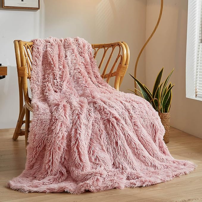 XeGe Plush Faux Fur Throw, Comfy 50x60 Fuzzy Blanket, Luxury Boho Lightweight Couch Blanket, Soft Fluffy Shaggy Lap Throw for Couch Bed Sofa Christmas Housewarming Gift Ombre Pink-Ruum Studio Home