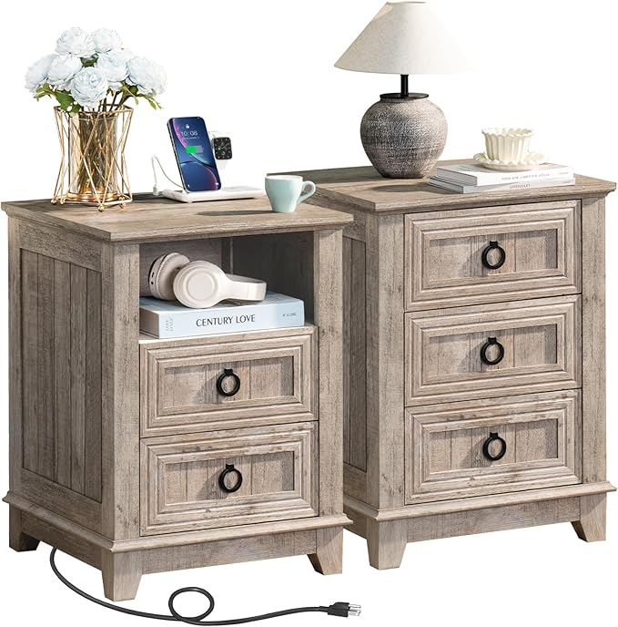 18" Farmhouse Night Stands Set of 2 with Charging Station, 2 & 3 Drawers End Table Dresser for Bedroom, Oak Wooden Nightstand, Bed Side Table with Open Shelf, Bedside Cabinet for Living Room-Ruum Studio Home