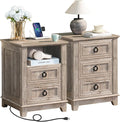 18" Farmhouse Night Stands Set of 2 with Charging Station, 2 & 3 Drawers End Table Dresser for Bedroom, Oak Wooden Nightstand, Bed Side Table with Open Shelf, Bedside Cabinet for Living Room-Ruum Studio Home
