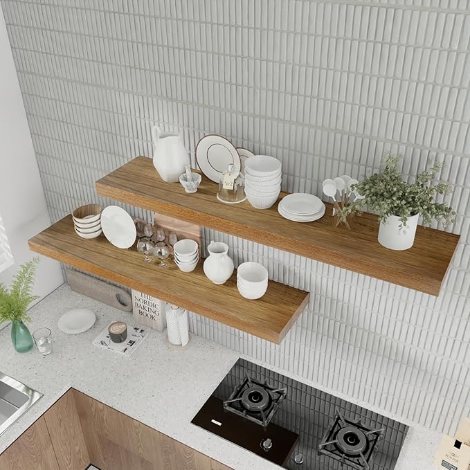 IAE Walnut Floating Wall Shelves 55 inch, Bathroom Shelves Wall Mounted,Invisible Shelves Floating Kitchen Shelves,Wooden Wall Shelves with Brackets for Living Room Wall Mounted,Easy Install,Set of 2-Ruum Studio Home