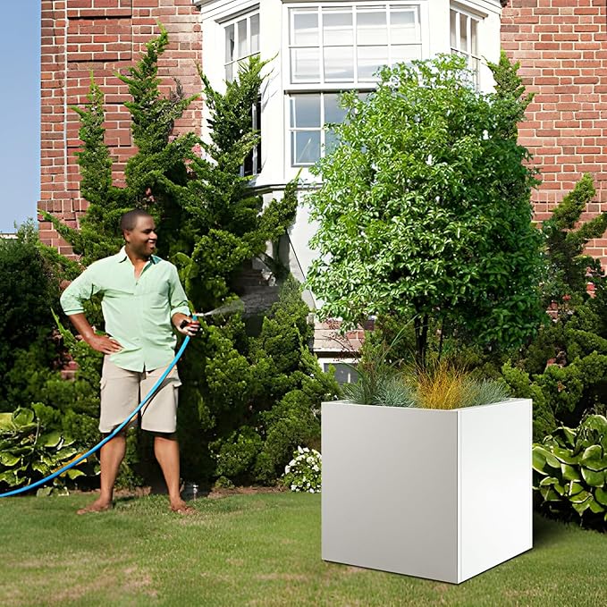 White Steel Planter Square Outdoor Planters Galvanized Steel Planter Box Indoor Metal Large Planters Cube Heavy Duty Flower Pot 26 Inch Modern Commercial Residential for Trees Patio Deck Yard Garden-Ruum Studio Home