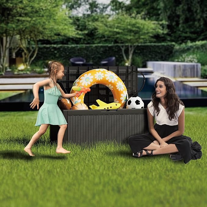 100 Gallon Double-Wall Resin Deck Box - Lockable Waterproof Outdoor Storage Box, 1000lbs Capacity & Doubles as Seating for Patio Furniture - Garden Tools, Pool Accessories (Black)-Ruum Studio Home