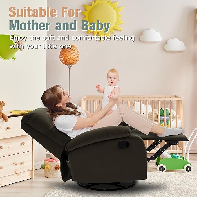 Swivel Rocker Recliner for Adults, Small Recliner Chair for Small Spaces, Rocking Recliner Chair for Nursery. Living Room, RV, Bedroom, Dark Brown-Ruum Studio Home