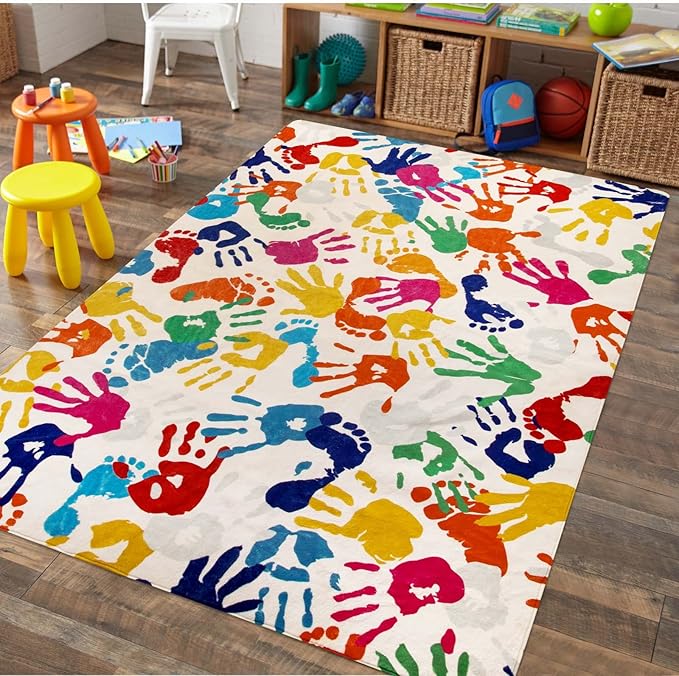 STARUIA Handprints and Footprints Large Kids Rug 5'x7', Washable Colorful Area Rug for Nursery Room, Non-Slip Play Mat Ultra Soft Indoor Carpet for Bedroom Playroom Classroom-Ruum Studio Home