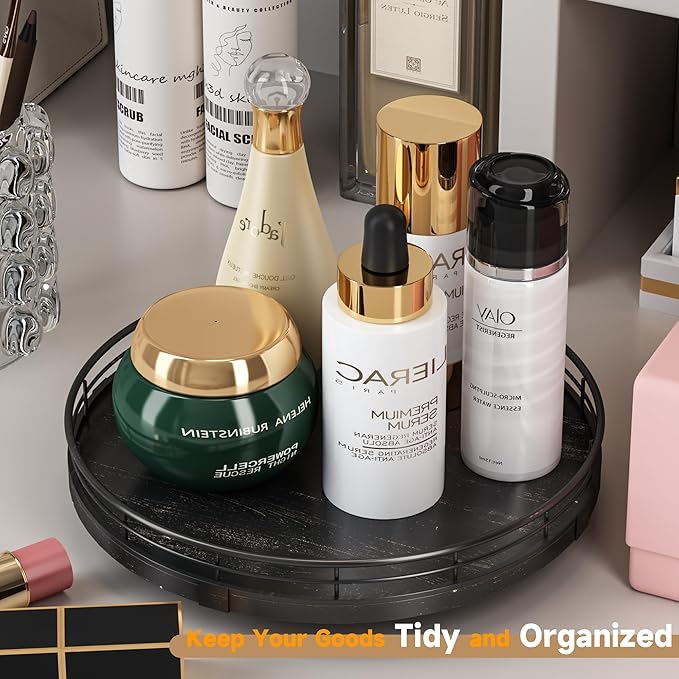 10" Oak Bathroom Vanity Tray Turntable for Perfume Candle, Round Wooden Decorative Tray for Kitchen Sink Countertop Organizer, Bathroom Counter Organizer for Skincare Makeup, Farmhouse Black Gold-Ruum Studio Home