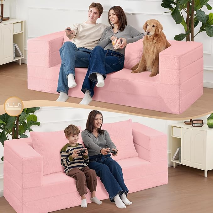 Folding Bean Bag Chair for Adults,3-in-1 Bean Bag Couch Faux Fur Floor Sofa Large Beanbag Convertible Bean Bag Sofa Bed with Pillow in Bedroom,Living Room,Apartment(Queen,Pink)-Ruum Studio Home