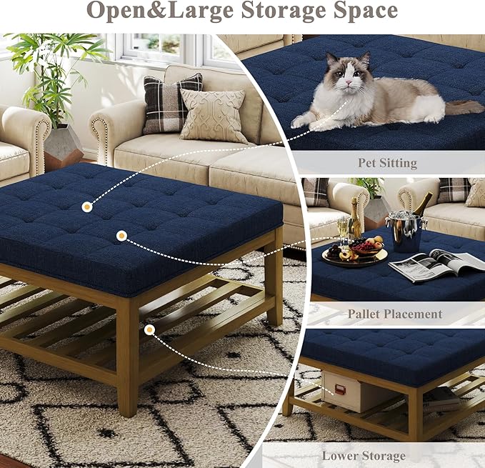 Large Square Ottoman Coffee Table, Linen Solid Upholstered Footrest Ottoman with Solid Wood Shelf Storage Tufted Coffee Table for Bedroom Living Room, Navy Blue-Ruum Studio Home