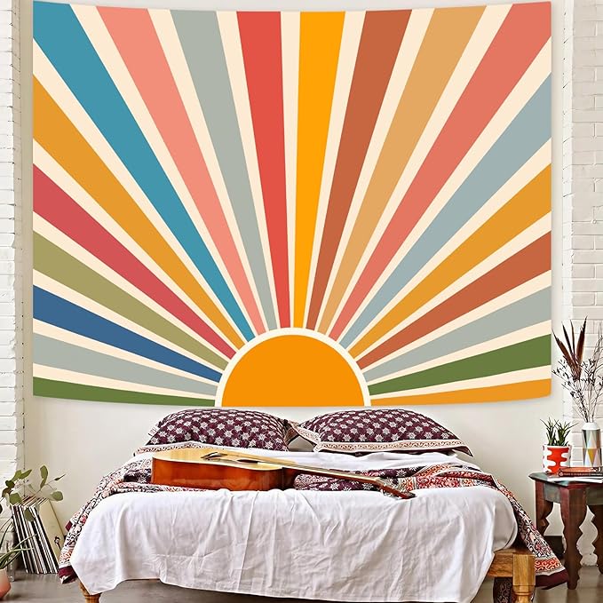 Kanuyee Boho Burning Sun Tapestry Wall Hanging, Retro 70s Abstract Vintage Geometric Rainbow Sunrise Tapestries for Bedroom Living Room Backdrop 60×80 inch-Ruum Studio Home