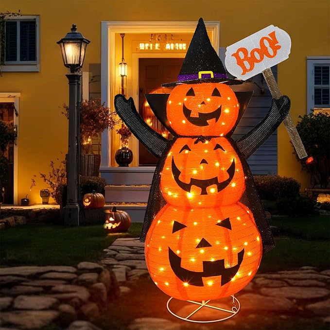 Halloween Decoration 4.3FT Retractable Jack-O-Lantern, 100 LED Collapsible Pumpkin Lantern with Black Star Hat, Plug in Halloween Lights with Stand for Indoor Outdoor Lawn Backyard Garden Decor-Ruum Studio Home