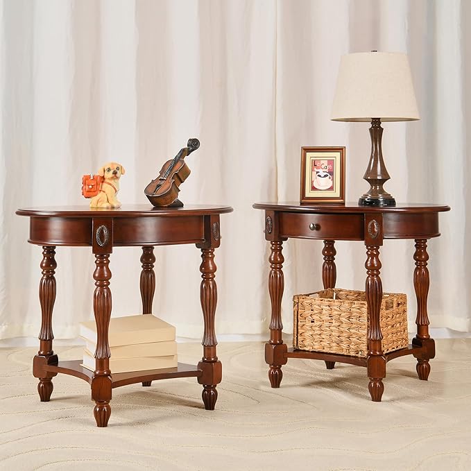 MODERION Solid Wood End Table with Drawer, Oval Sofa Side Table, Storage Shelf, Living Room Corner Table, Nightstand, 24”H Cherry Walnut CJZ1533WD-DR-Ruum Studio Home