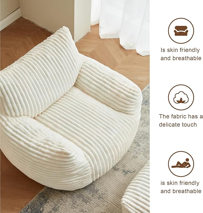 Premium Beige Bean Bag Chair for Adults with Armrest- Ultra Plush Memory Foam Lounge Sofa & Comfy Reading Nook Chair for Bedroom, Living Room & Dorm (White, Without Pedals)-Ruum Studio Home