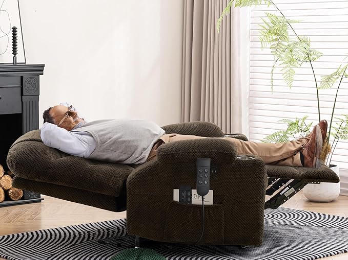 Oversized Dual Motor Lay Flat Power Lift Recliner Chair with Massage, Heating, Lumbar Pillow, USB & Type-C Ports, Textile Lift Chairs Recliners, Large Recliner for Big & Elderly People - Brown-Ruum Studio Home
