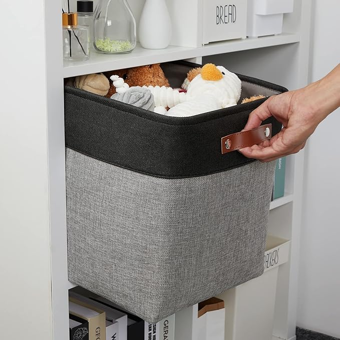 DULLEMELO Storage Bins for Organizing,Closet Storage Baskets for Gift Empty,Large Linen Canvas Storage Bins with Handles for Home Office Toys Shelves(Black&Grey, 13 inch Cube)-Ruum Studio Home