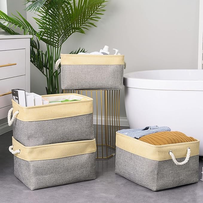 TheWarmHome Storage Basket for Organizing - 3 Pack 14x10x7 inch Large Collapsible Storage Bin for Shelves, Fabric Storage Cubes for Organizer ClosetCloth Gift Toy (Grey & Gold)-Ruum Studio Home
