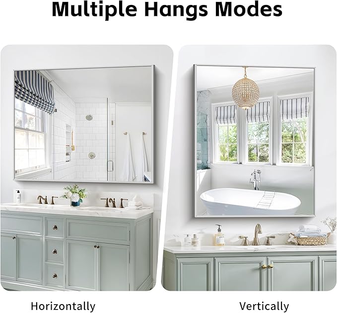 40x48inch Silver Bathroom Mirror, Silver Rectangle Mirror with Frame, Large Rectangular Wall Mirrors for Bathroom, Living Room, Hair Salon, Big Farmhouse Mirror Hang Horizontal/Vertical-Ruum Studio Home
