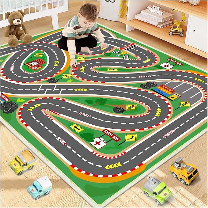 Kids Rug Play mat Playroom Rugs Car Rugs for Kids Toy Cars Race Track for Classroom Rug (Race-Green, 3.3x4.9ft)-Ruum Studio Home