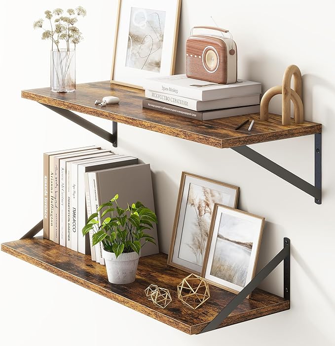 10 Inch Deep Floating Shelves, Floating Shelves 30 Inch Long, Rustic Wood Wall Shelves 30"W x 10"D, Deep Floating Shelf with Bracket, Wide Storage Shelves for Living Room, Bathroom, Rustic Brown-Ruum Studio Home