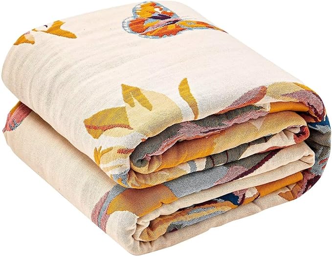 Boho Throw Blanket, 100% Cotton Ultra Soft Luxury Throw Rustic Quilt, 90"x98" Floral Bird Butterfly Farmhouse Decor Bed Blankets, All Season Rustic Reversible Bohemian Throw for Bed - Yellow-Ruum Studio Home