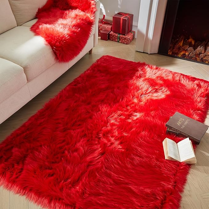 AMTOVO Faux Fur Sheepskin Rug for Living Room, 4 x 6 ft Red Fluffy Area Rug for Bedroom, Playroom, Luxury Room Decor, Rectangle-Ruum Studio Home