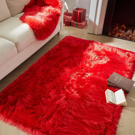 AMTOVO Faux Fur Sheepskin Rug for Living Room, 4 x 6 ft Red Fluffy Area Rug for Bedroom, Playroom, Luxury Room Decor, Rectangle-Ruum Studio Home