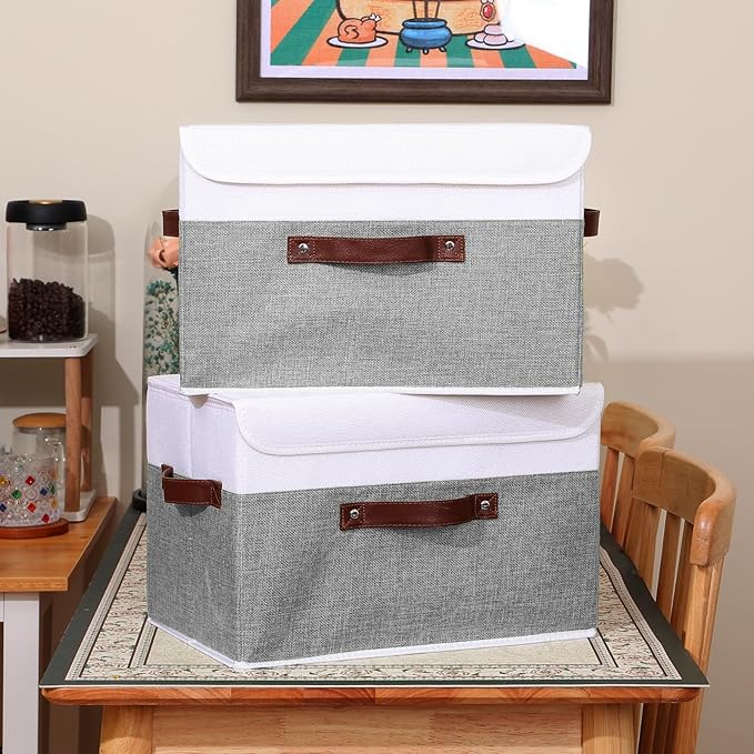 ANMINY 2PCS Storage Boxes with Lid Washable Decorative Storage Bins Basket with PU Leather Handle Foldable Linen Fabric Storage Cubes Containers for Home Closet Organizer - Gray White, Large Size-Ruum Studio Home