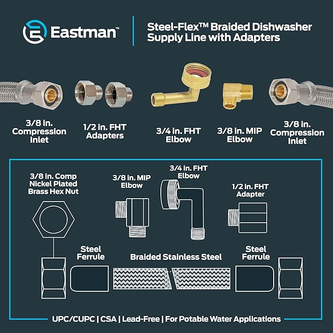 Eastman Dishwasher Installation Kit, 12 Foot Hose with Adapters, 3/8 Inch MIP x 3/4 Inch FHT Elbows, Braided Stainless Steel Connectors, 69008-Ruum Studio Home