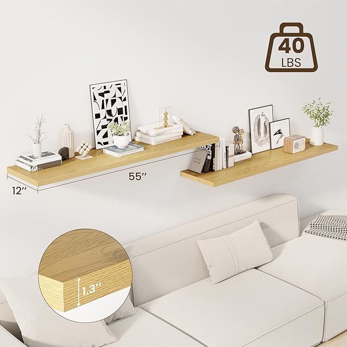 55" Floating Shelves for Wall, 12" Deep Slim Oak Floating Shelves, Wall-Mounted Shelves for Bedroom, Living Room, Kitchen, Bathroom - Set of 2-Ruum Studio Home