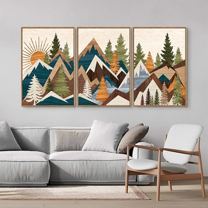Tinonedraw Large Metal Mountain Framed Canvas Wall Art of 3, Boho Rustic Sunrise Forest Wall Decor, Modern Nature Country Artwork, Vintage Wilderness Art Print for Living Room Bedroom Office 16"x24"-Ruum Studio Home