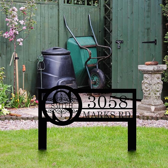 Personalized Metal Yard Address Sign with Last Name and Monogram, House Number Sign for Lawn and Patio-Ruum Studio Home