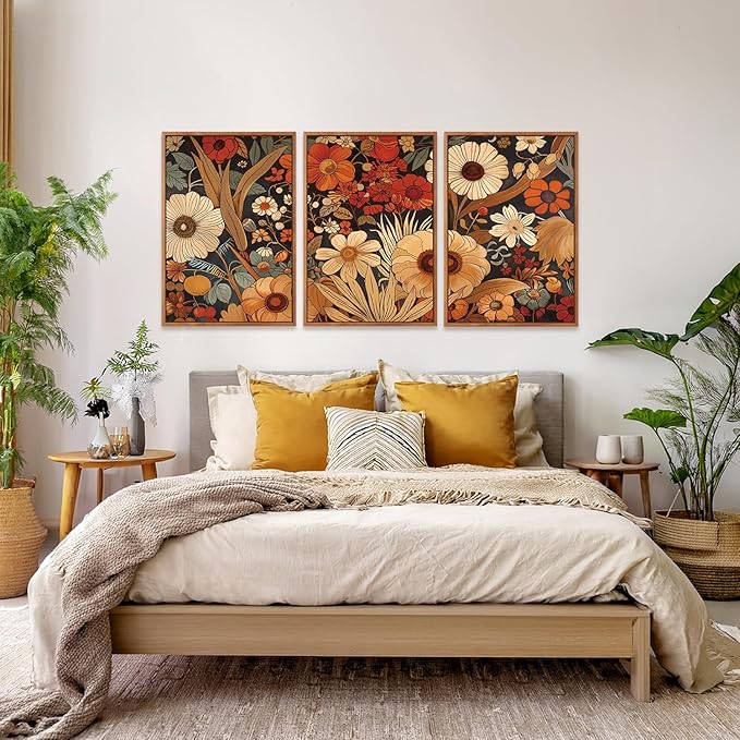Aurlan Boho Burnt Orange Terracotta Wildflowers Framed Wall Art(24"x36"), 3 PCS Abstract Floral 3D Textured Canvas Artwork, Large Modern Vintage Botanical Nature Art Wall Decor for Home Office Living Room Bedroom-Ruum Studio Home