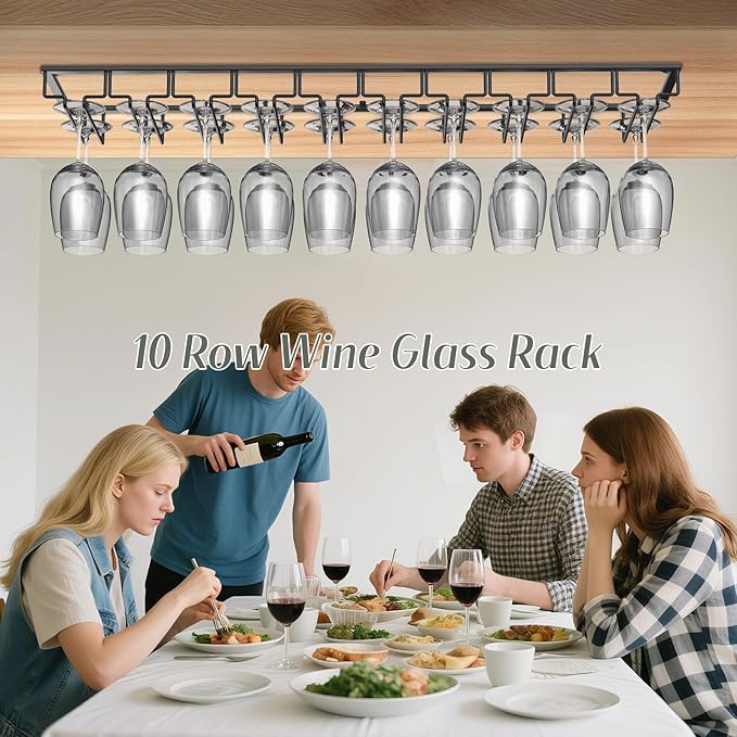 Xverycan Wine Glass Rack Under Cabinet, 10 Row Extreme Large Stemware Hanger, Metal Wine Goblet Holder, DIY Bar Glass Storage Rack for Bar Counter, Kitchen, Screws Included-Ruum Studio Home