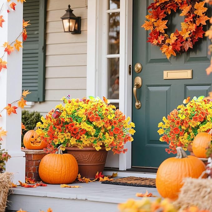 ‌20 Bundles Artificial Flowers for Outdoors‌ with 6 Faux Butterflies, UV Resistant ‌Fake Flowers‌ with Eucalyptus Leaves, ‌Artificial Plants Outdoor‌ for Patio Garden Porch Home Decor (Orange Yellow)-Ruum Studio Home