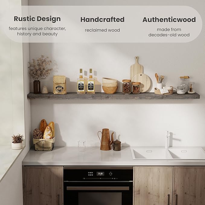 72 inch Floating Shelves for Wall, 8" Deep Rustic Reclaimed Barnwood Shelves, Floating Shelf Wall Hanging Shelves with Invisible Heavy-Duty Metal Bracket | Wall Mounted | Farmhouse Style, 1PC,Grey-Ruum Studio Home