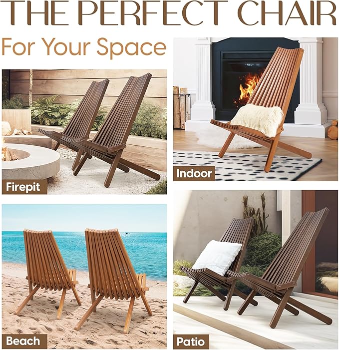 IDZO Elina FSC Eucalyptus Tamarack Chair, 300Lbs Capacity Modern Adirondack Style, Wooden Folding Seat, for Fire Pit Outdoor & Indoor - Cinnamon, Single-Ruum Studio Home
